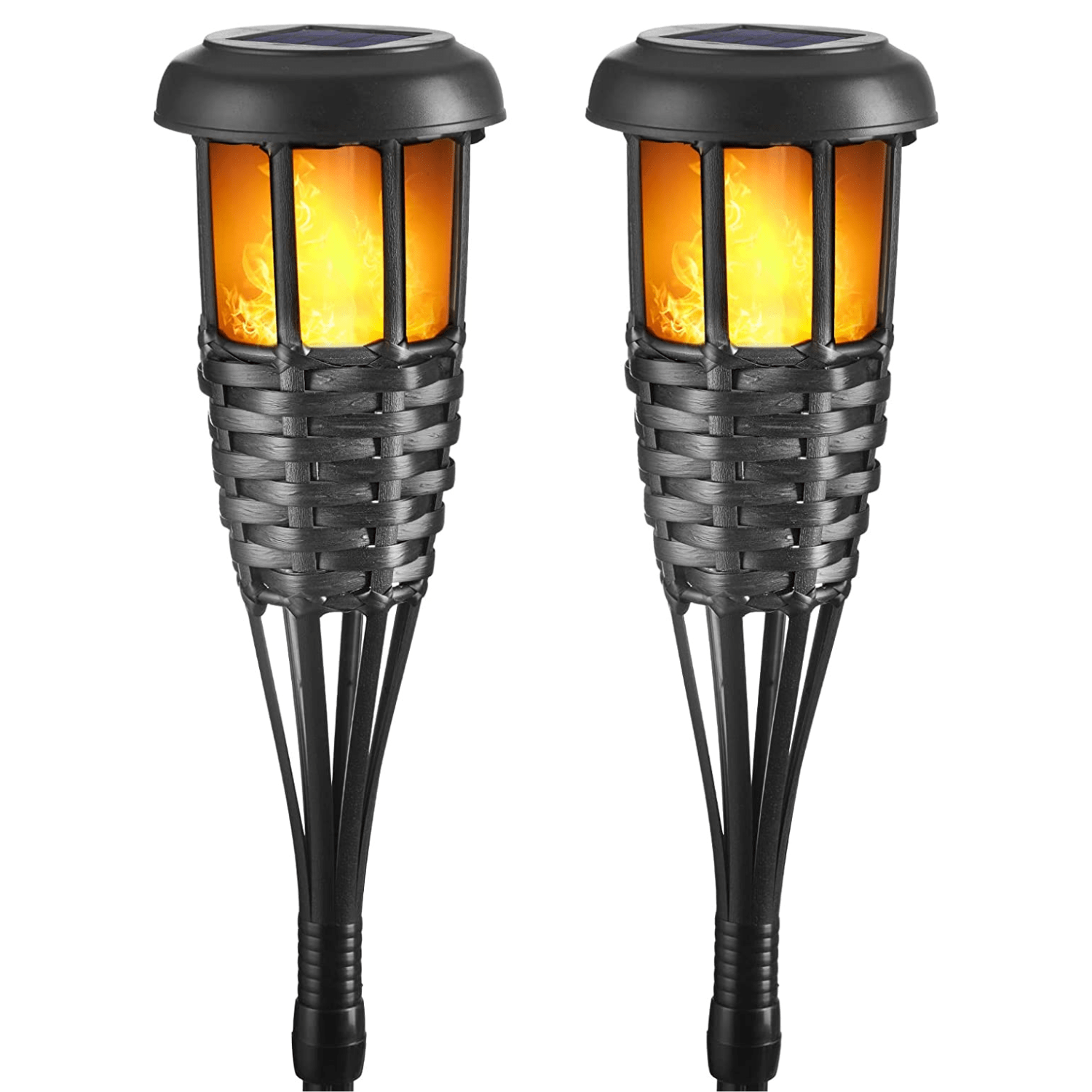 Solar Lights Outdoor Garden 2 Pack Solar Torches Lights with Flickering Flame Hand-Woven Rattan Waterproof for Outside Patio Yard Garden Lawn (Black-2 Pack)