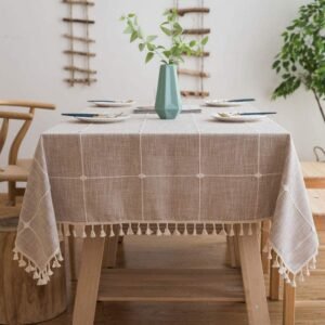 Lipo Waterproof Tablecloth Embroidery Burlap Linen with Tassel – Heavy Duty Wrinkle Free Rectangle Table Cloth for 6 Foot Tables Rustic Farmhouse Tablecloths for Outdoor Indoor Use 55×86 Light Brown